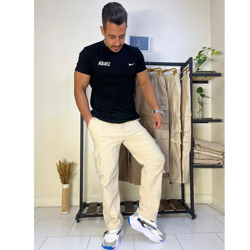 شلوار مردانه مدل کارگو دمپا بند دار کرم