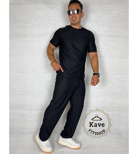 ست تیشرت و شلوار مردانه مدل بیسکویتی رنگ مشکی نمای جلو