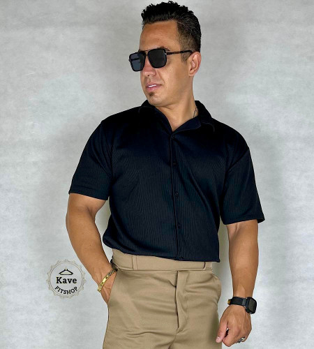 پیراهن مردانه کبریتی آستین کوتاه | مشکی نمای روبرو