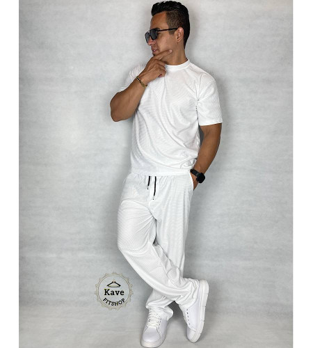 ست تیشرت و شلوار مردانه مدل بیسکویتی سفید