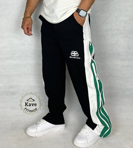 شلوار مردانه مدل بگ پنبه ۴ زیپ مشکی نوارسبز | بالنسیاگا