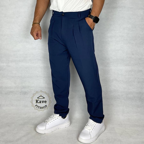 شلوار مردانه مدل کمر انگلیسی کلاسیک سرمه ای نمای چپ