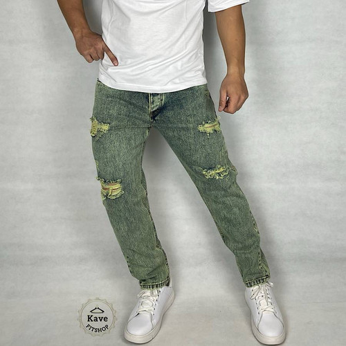 شلوار جین مردانه مدل مام فیت رنگ آبی (تینت لیمویی)