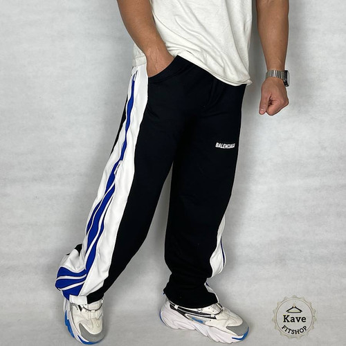 شلوار بگ پنبه مدل کاستوم ۴ زیپ نوار آبی | بالنسیاگا