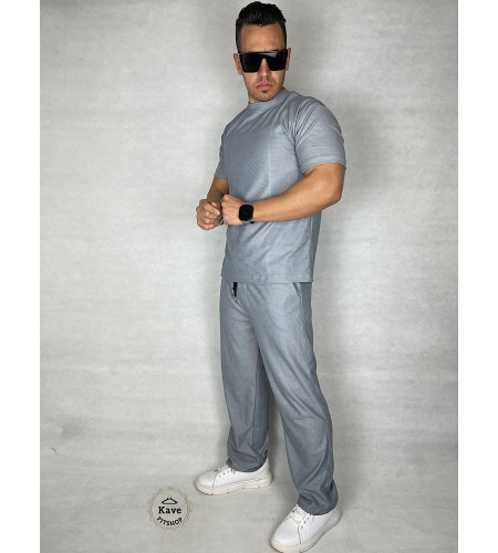 ست تیشرت و شلوار مردانه مدل بیسکویتی طوسی روشن